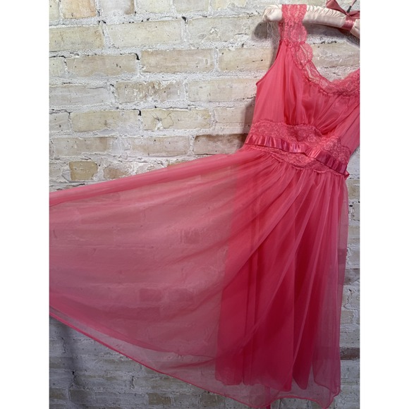 Pink Chiffon Nightgown Peignoir Robe Barbie Ballerina Sissy Coquette Vintage 60s - Picture 3 of 15